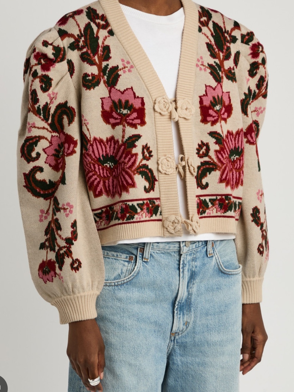 FARM Rio Ravenala Floral Intarsia Knitted Cardigan Medium Cream Puff Sleeve - Picture 10 of 11